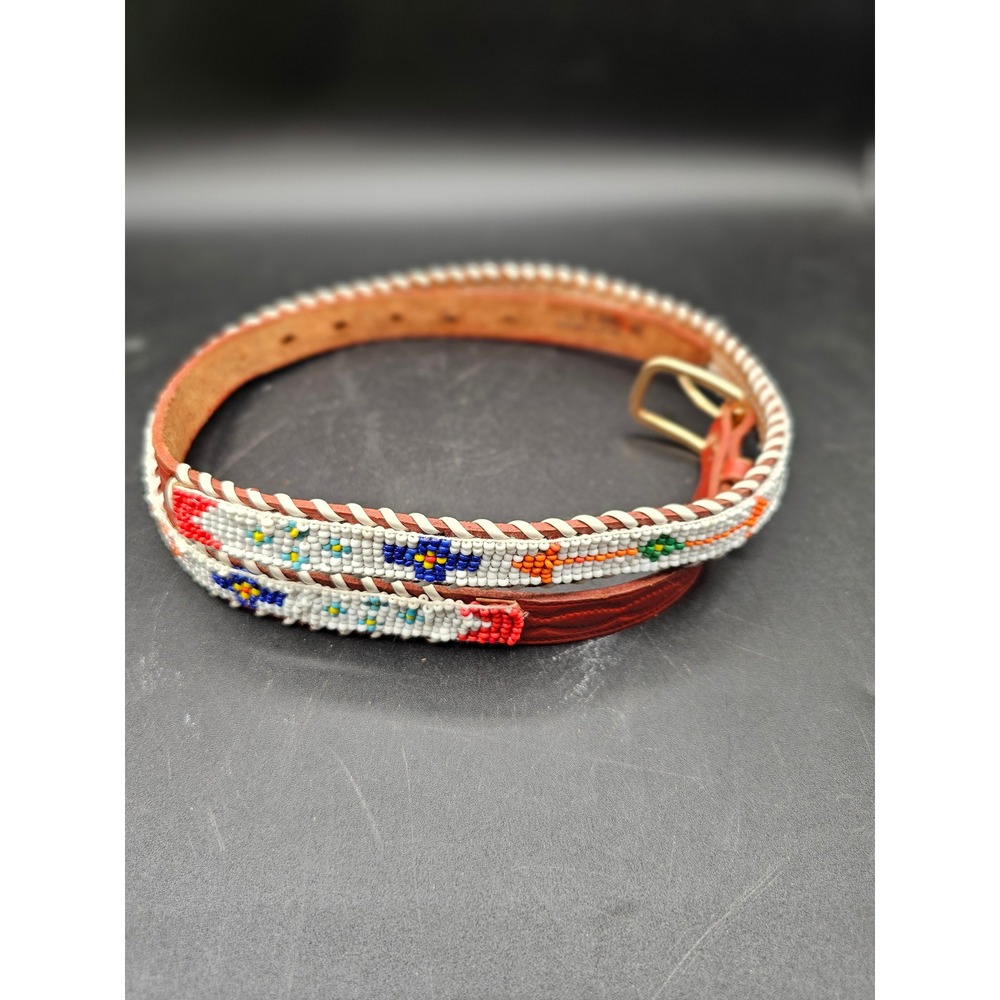 Vintage Western Beaded Leather Belt Tooled Red Brown Brass Buckle Size 28 Boho
